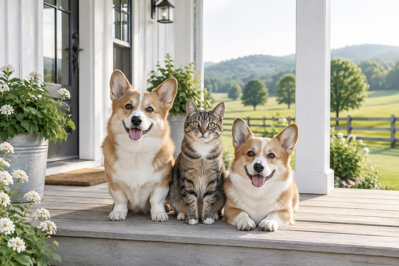 Two corgis and a tabby cat sitting together on a sunny farmhouse porch