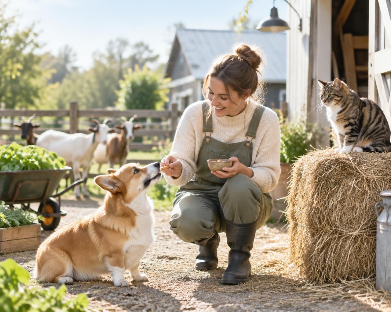 A person in a farmyard offering a treat to a corgi while a tabby cat watches from a hay bale and goats stand by the fence