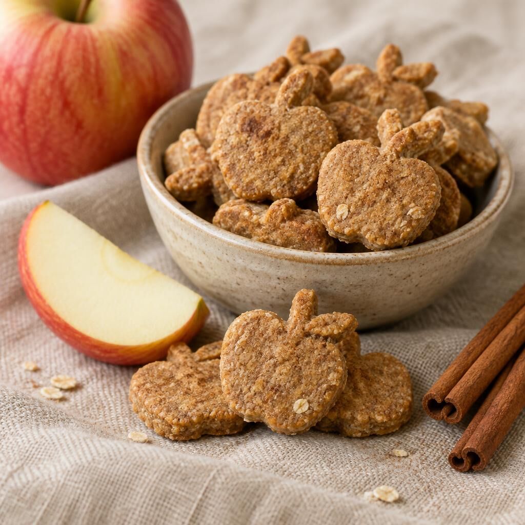 Apple-shaped dog biscuits in a stoneware bowl with an apple slice and cinnamon sticks