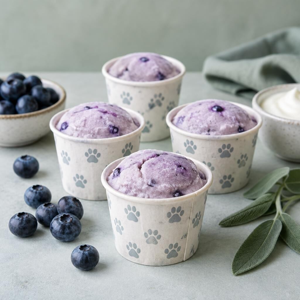 Frozen blueberry treats in small paper cups with fresh blueberries and sage leaves