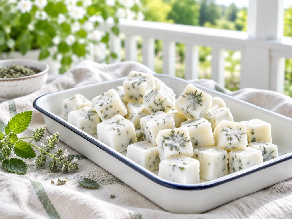 Frozen goat milk cubes flecked with catnip arranged in a white enamel tray on a cream linen towel