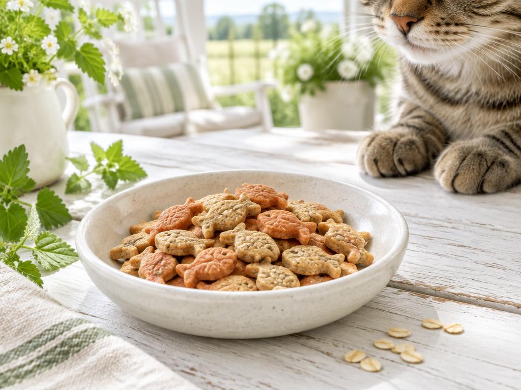 Fish-shaped salmon and oat cat biscuits in a pale stoneware bowl, a tabby cat's muzzle and paws at the edge of a white wooden table