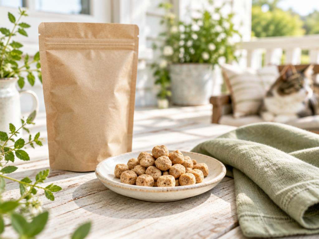 Small golden tuna puffs in a cream ceramic saucer on a sunlit porch table, a tabby cat resting on the bench behind