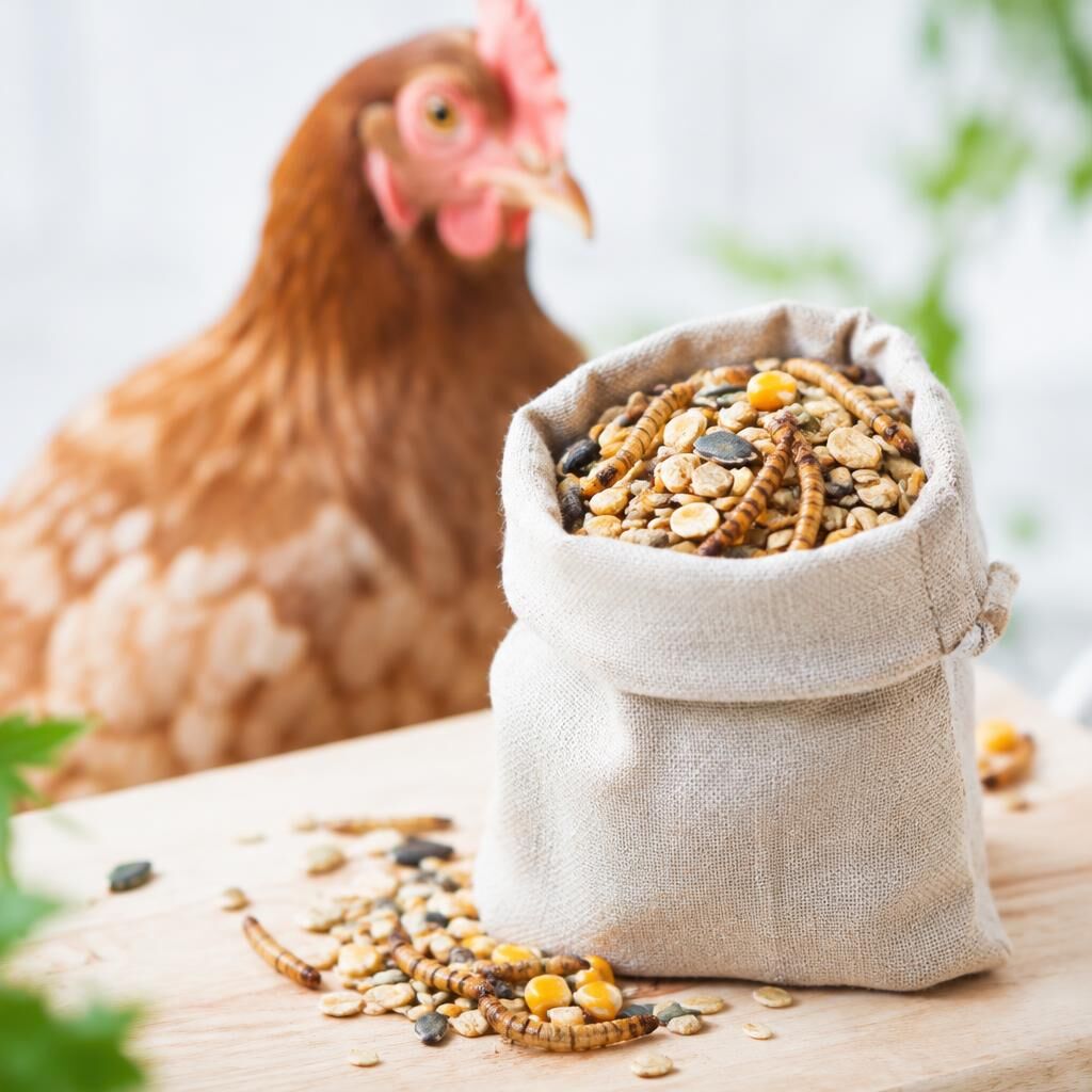 A small linen sack of mixed grains and dried mealworms with a brown hen behind it