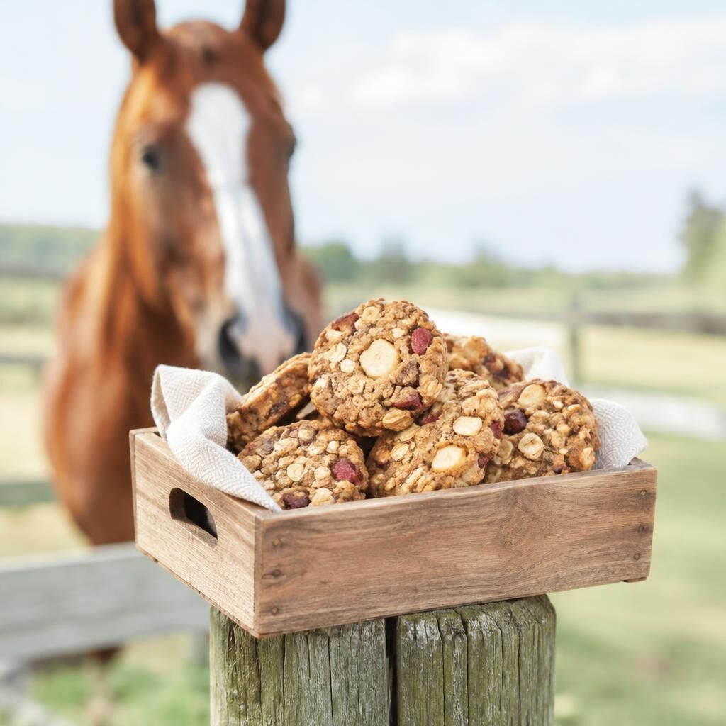 Oat and apple horse cookies in a small wooden crate on a fence post with a chestnut horse behind