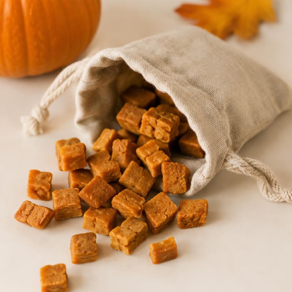Small soft pumpkin dog treat squares spilling from a linen pouch