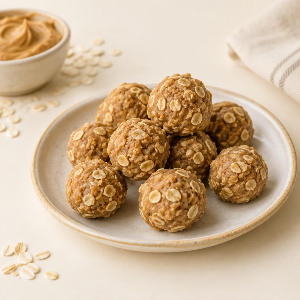 Round oat and peanut butter dog treat bites on a cream ceramic plate