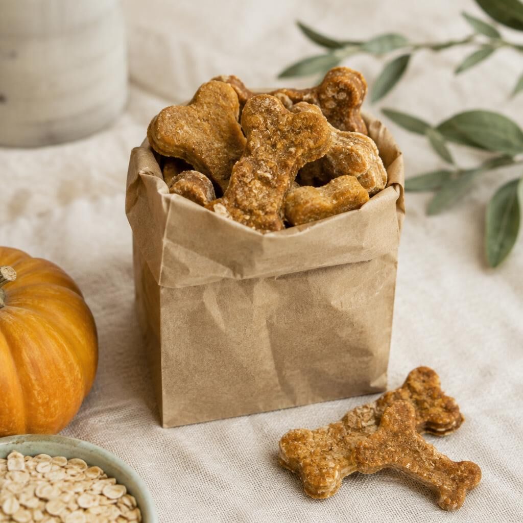 Bone-shaped pumpkin oat biscuits in a kraft paper bag beside a small pumpkin
